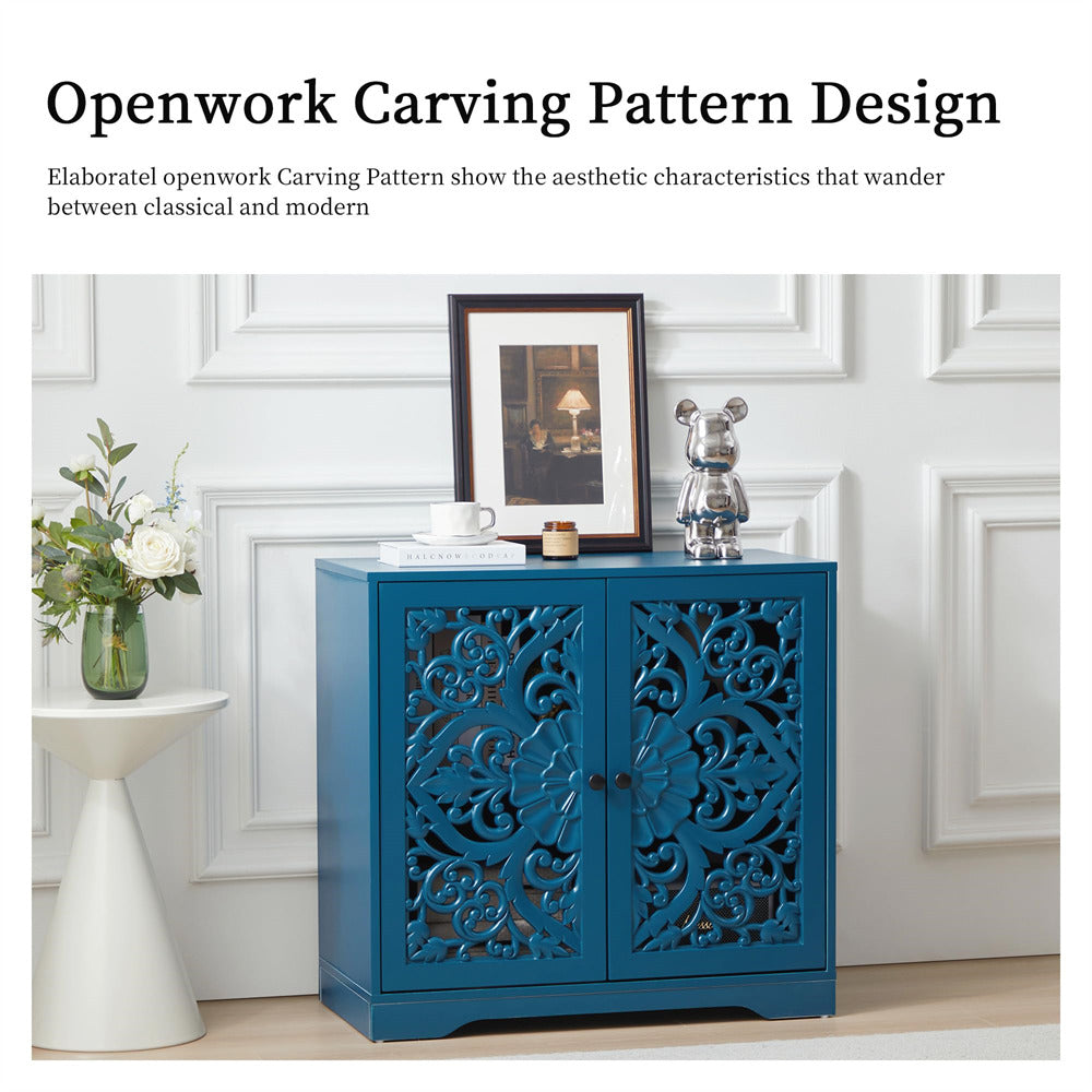 Blue Wooden Carved Sideboard Storage Cabinet with Hollow Carved Pattern and Adjustable Shelves