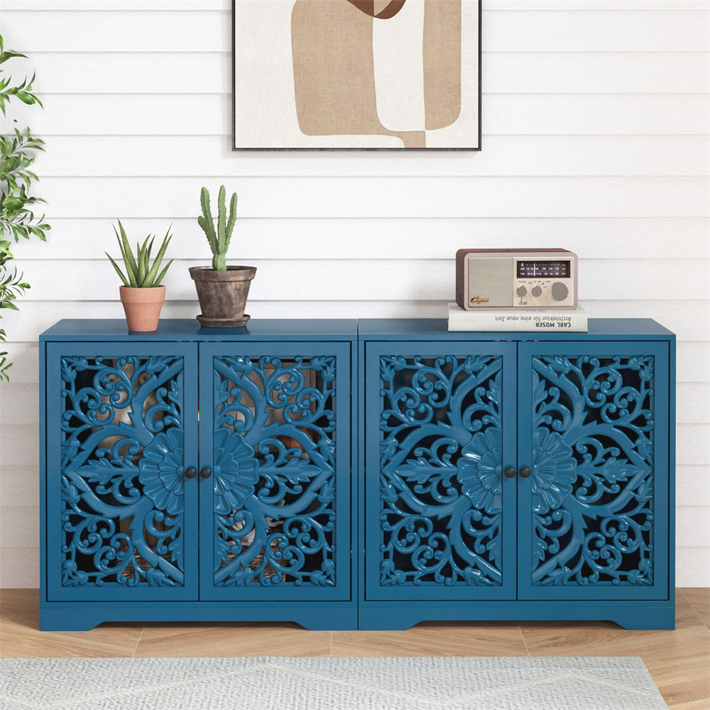 Blue Wooden Carved Sideboard Storage Cabinet with Hollow Carved Pattern and Adjustable Shelves