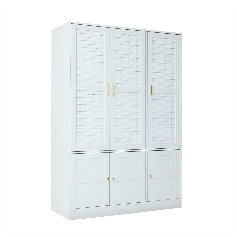 White Freestanding Tall Woven Wardrobe Closet with 6 Doors and Adjustable Shelves