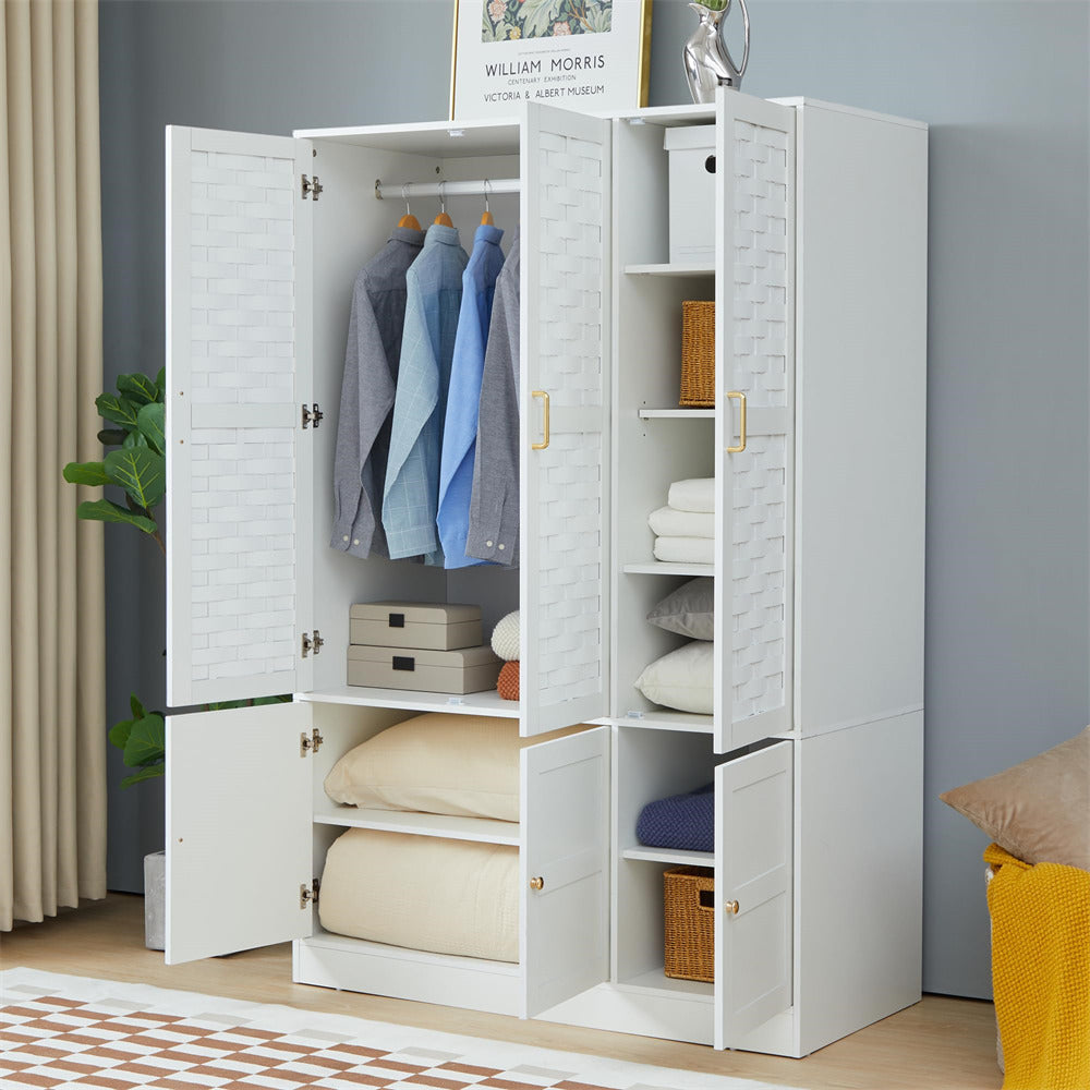 White Freestanding Tall Woven Wardrobe Closet with 6 Doors and Adjustable Shelves
