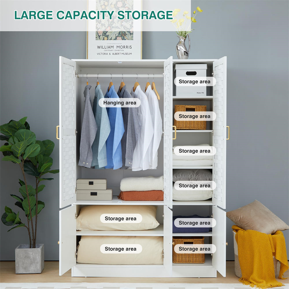 White Freestanding Tall Woven Wardrobe Closet with 6 Doors and Adjustable Shelves