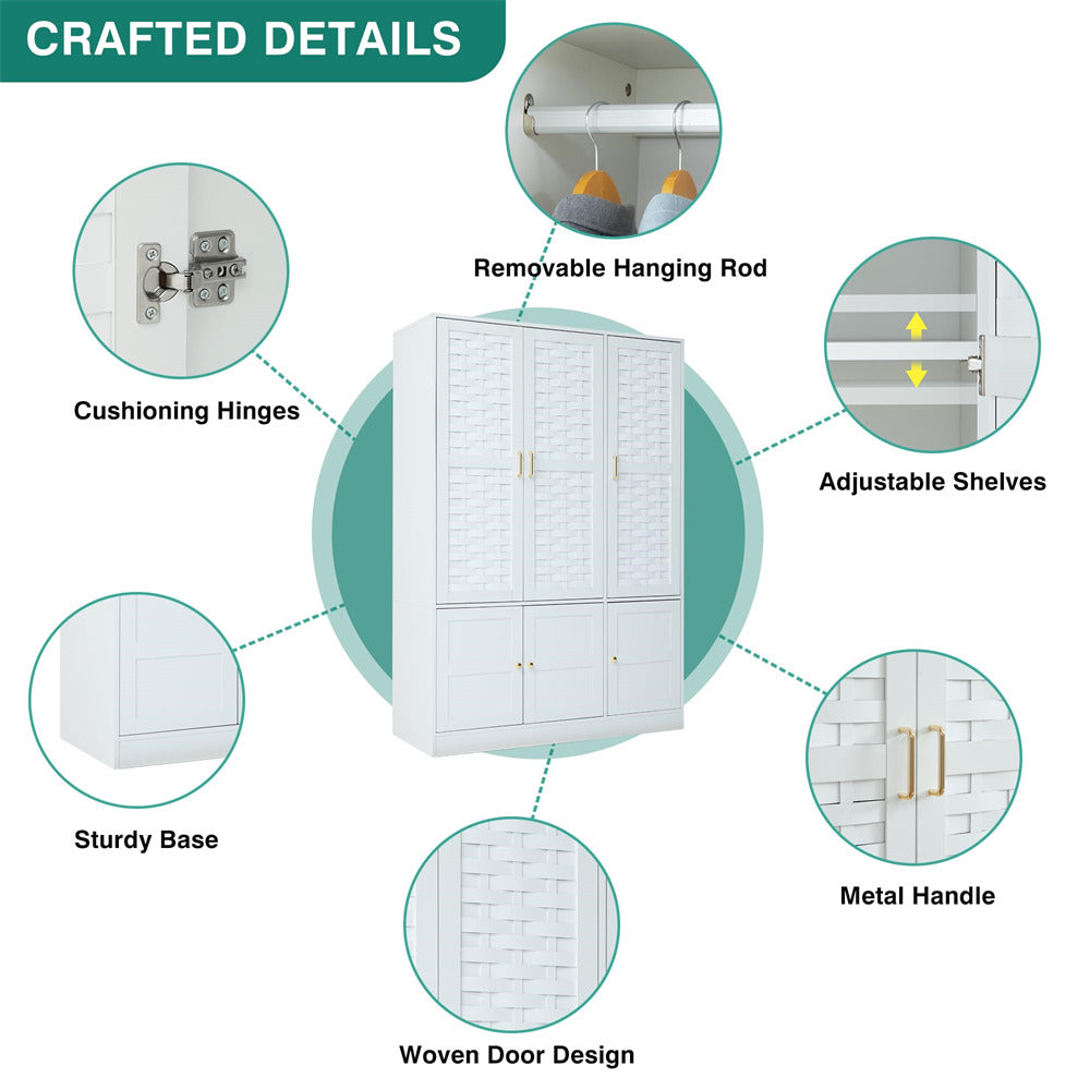 White Freestanding Tall Woven Wardrobe Closet with 6 Doors and Adjustable Shelves