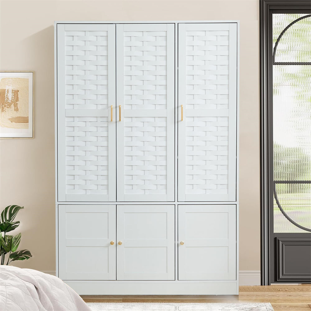 White Freestanding Tall Woven Wardrobe Closet with 6 Doors and Adjustable Shelves