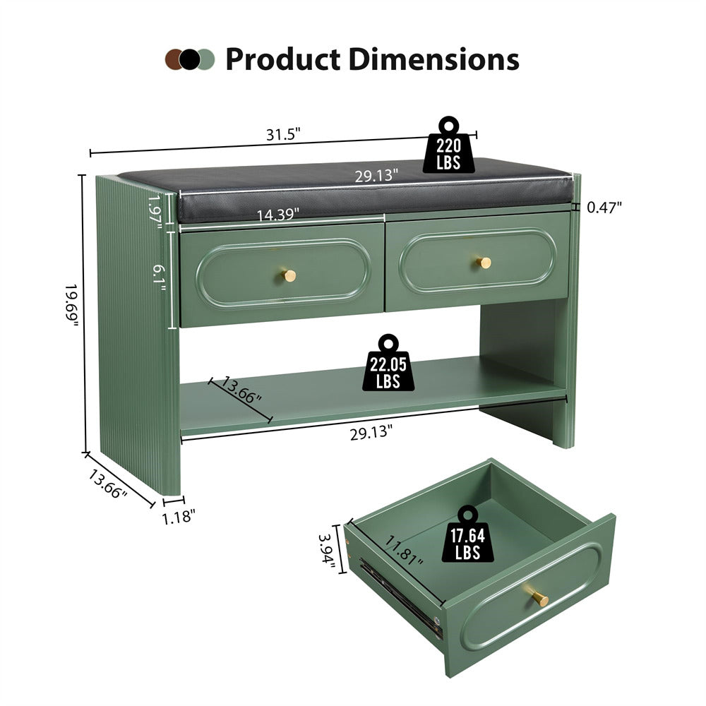 Green vanity with dimensions and weight indicators on a white background