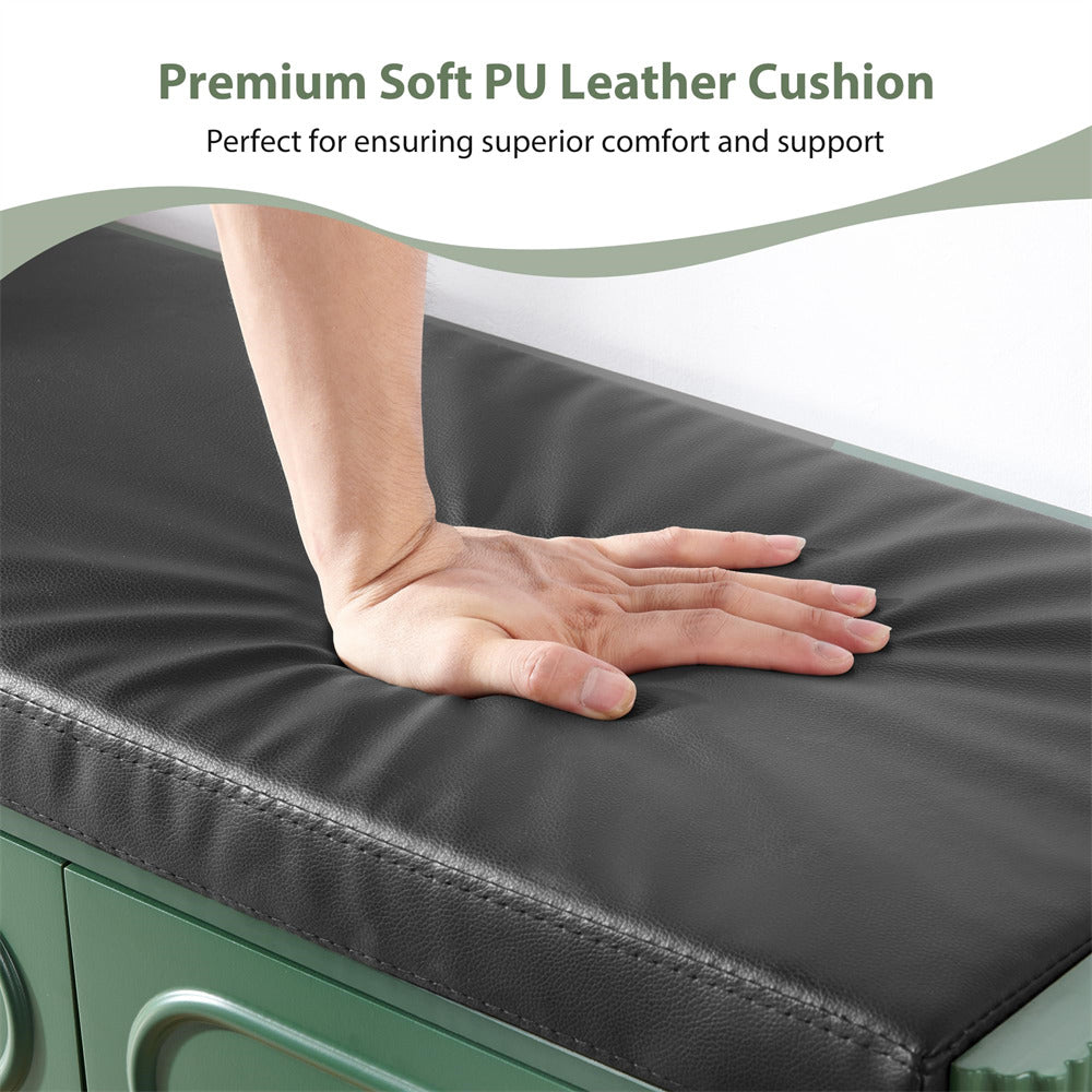 Hand pressing onto a black PU leather cushion with text about comfort and support.