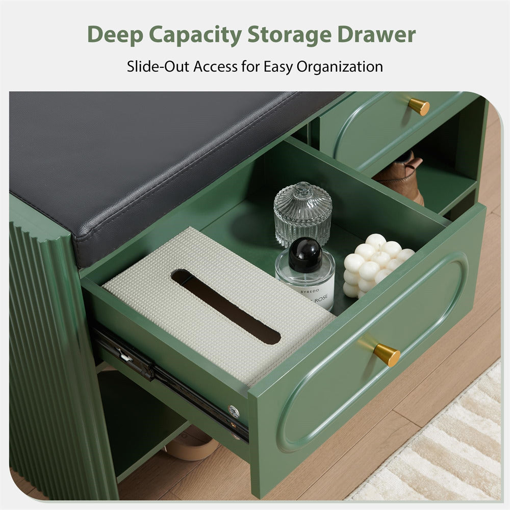 Green storage drawer with slide-out access, containing items like a tissue box and bottles.