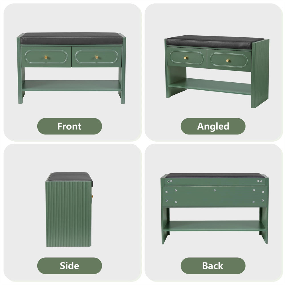 Green bench shown from front, angled, side, and back perspectives on a white background.