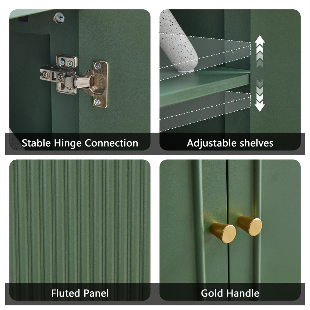 Collage of features including stable hinge connection, adjustable shelves, fluted panel, and gold handle on a green cabinet.