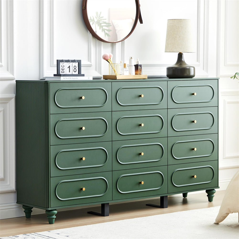 Green dresser with multiple drawers in a room setting.
