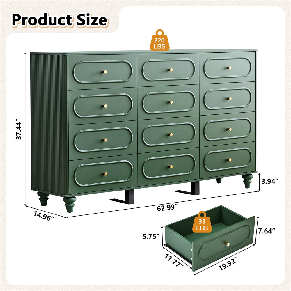Green dresser with dimensions and weight indicators on a beige background