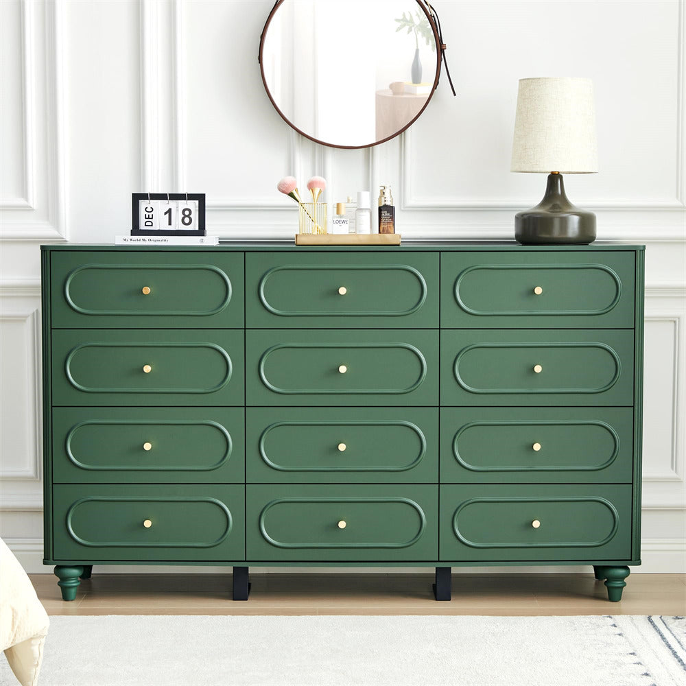 Green dresser with decorative items on a white wall background