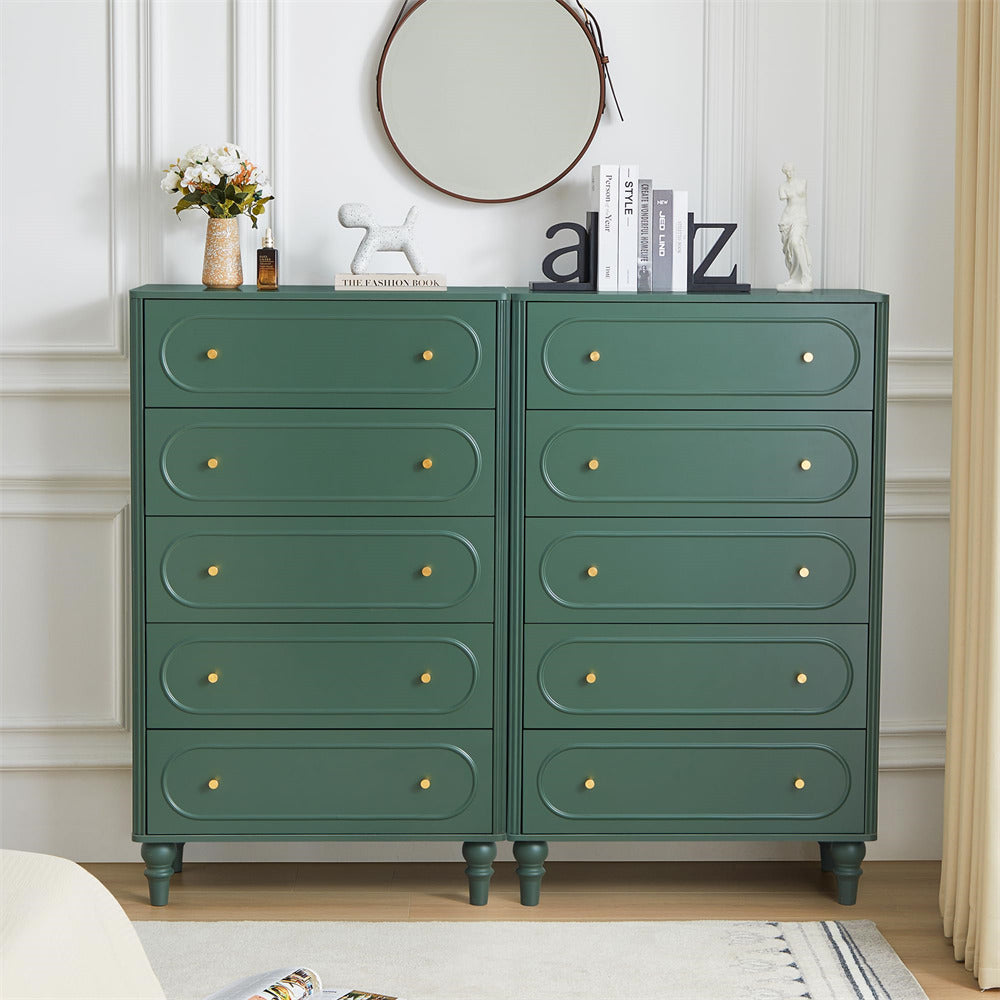 Green Mid Century Modern 5 Drawer Fluted Dresser Chest of Drawers With Wooden Legs
