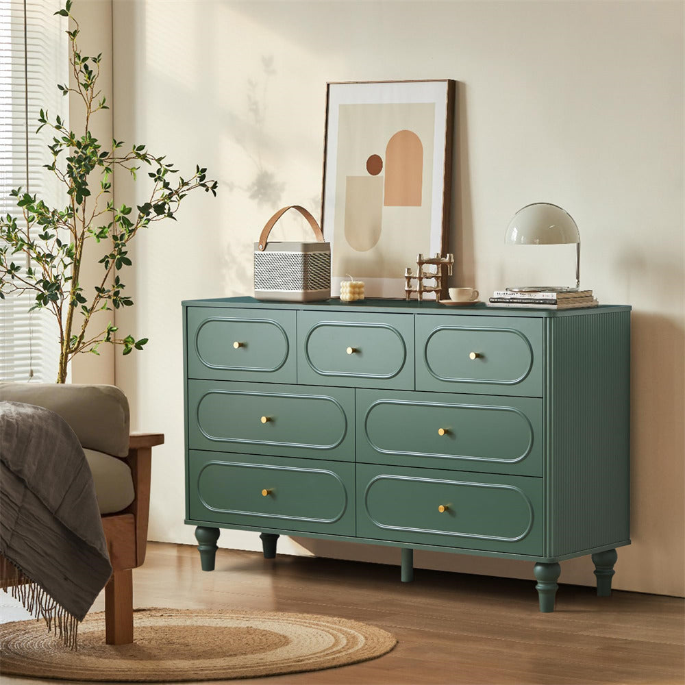 Green Mid Century Modern 7 Drawer Fluted Dresser Wood Storage Cabinet