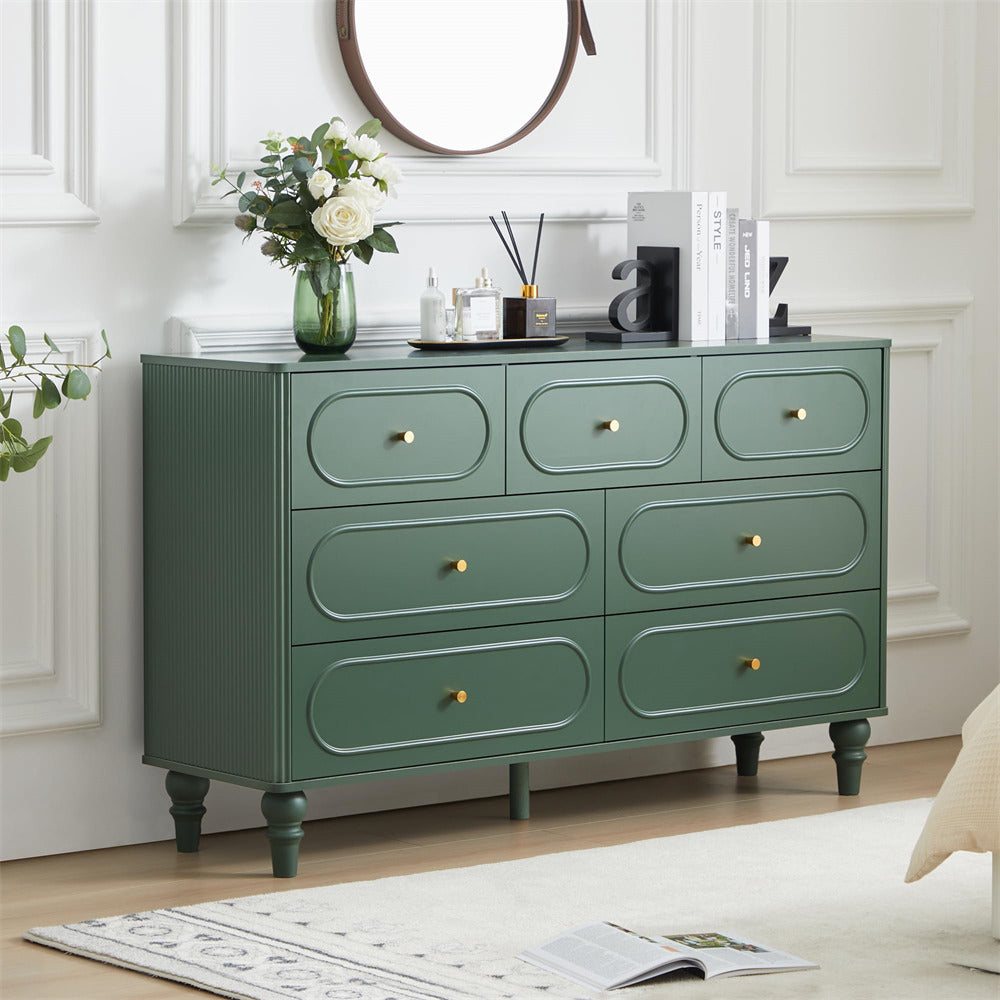 Green Mid Century Modern 7 Drawer Fluted Dresser Wood Storage Cabinet
