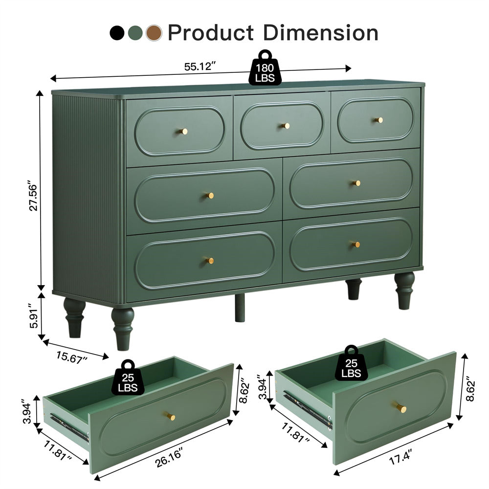 Green Mid Century Modern 7 Drawer Fluted Dresser Wood Storage Cabinet