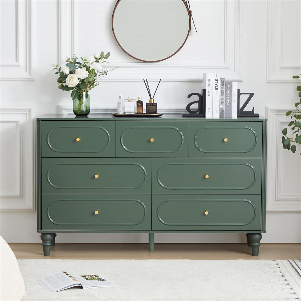 Green Mid Century Modern 7 Drawer Fluted Dresser Wood Storage Cabinet