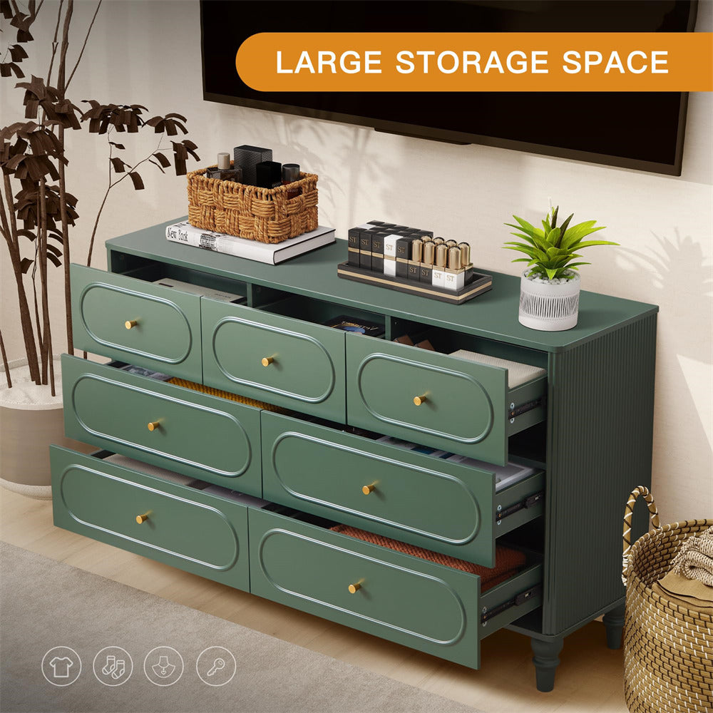 Green Mid Century Modern 7 Drawer Fluted Dresser Wood Storage Cabinet