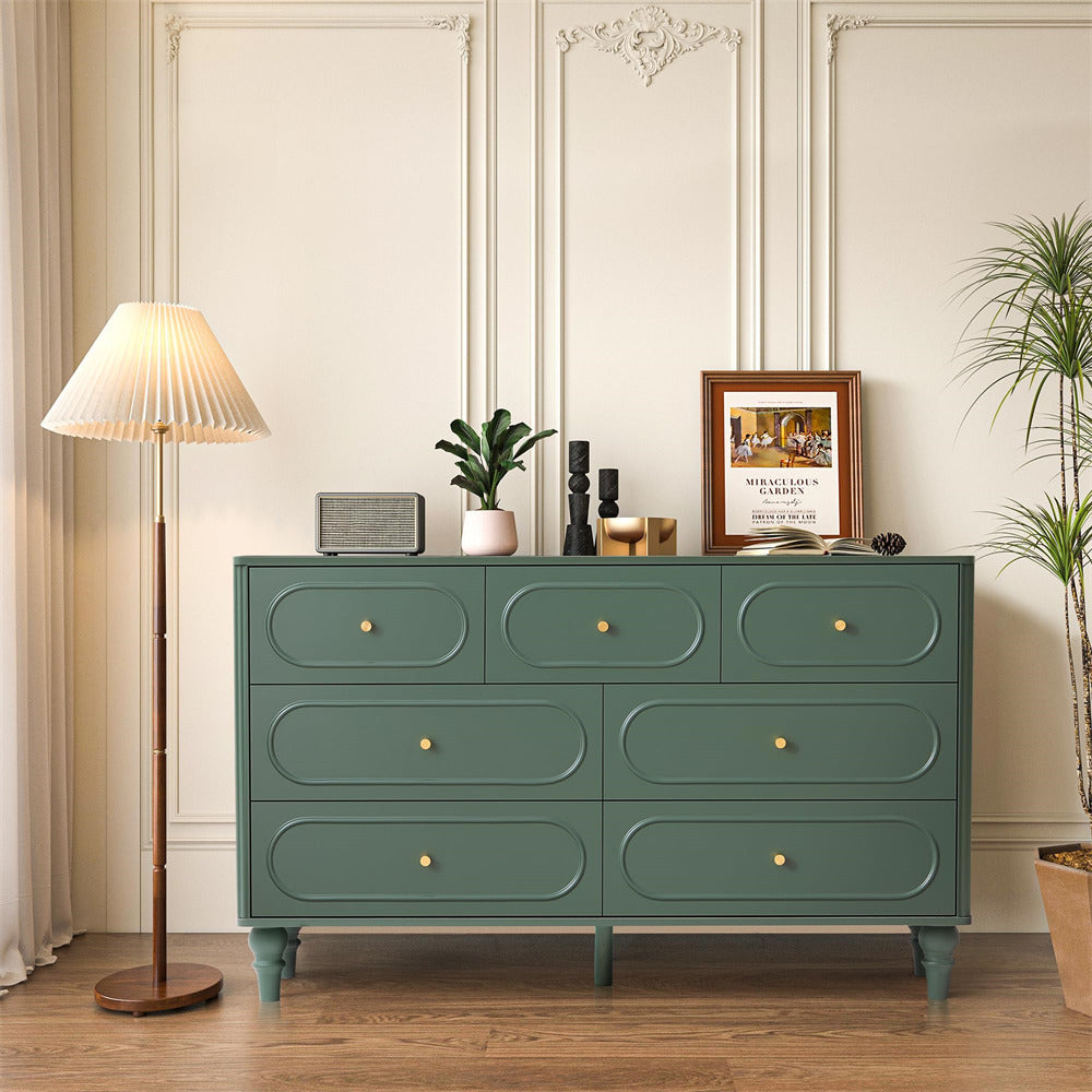 Green Mid Century Modern 7 Drawer Fluted Dresser Wood Storage Cabinet
