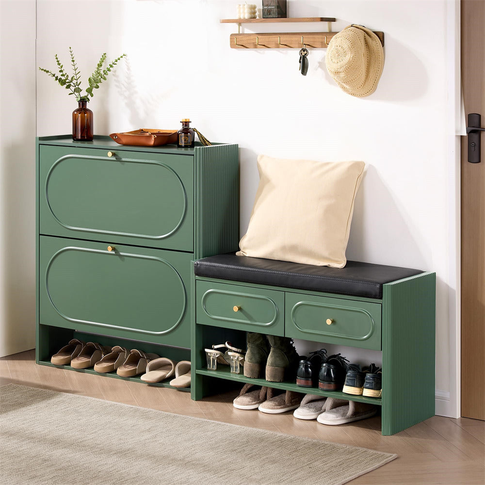 Green shoe storage cabinet with bench and shoes in a room setting