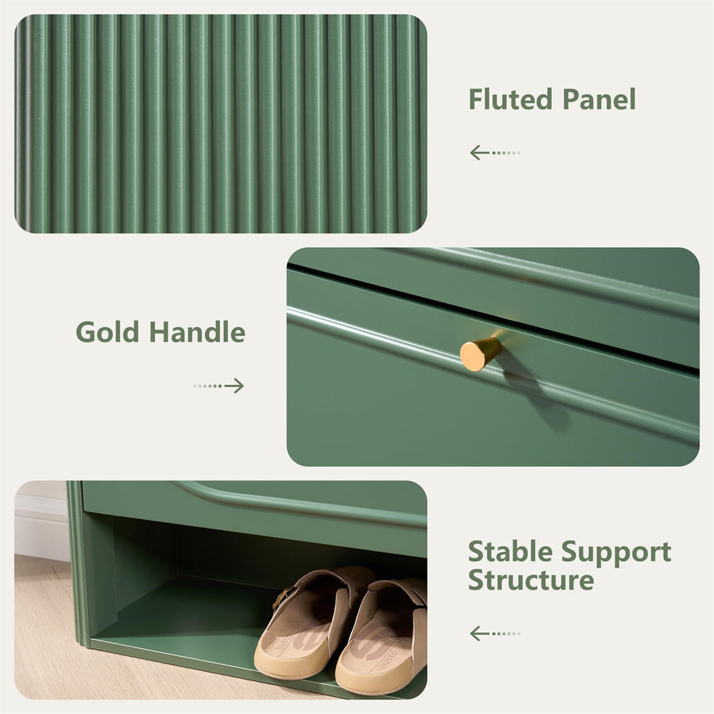 Green storage box with fluted panel, gold handle, and stable support structure.