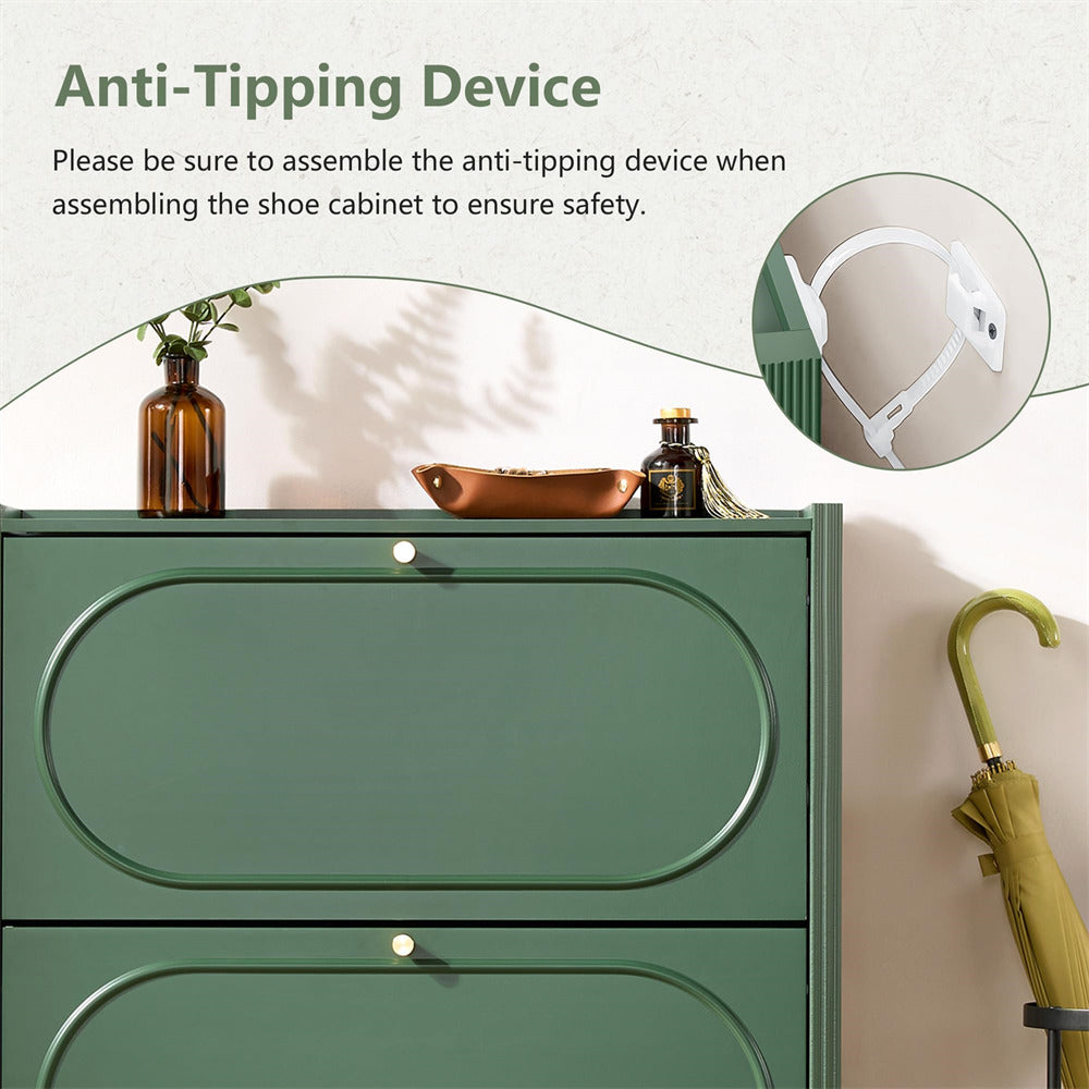 Green shoe cabinet with anti-tipping device highlighted, featuring a vase and decorative items.