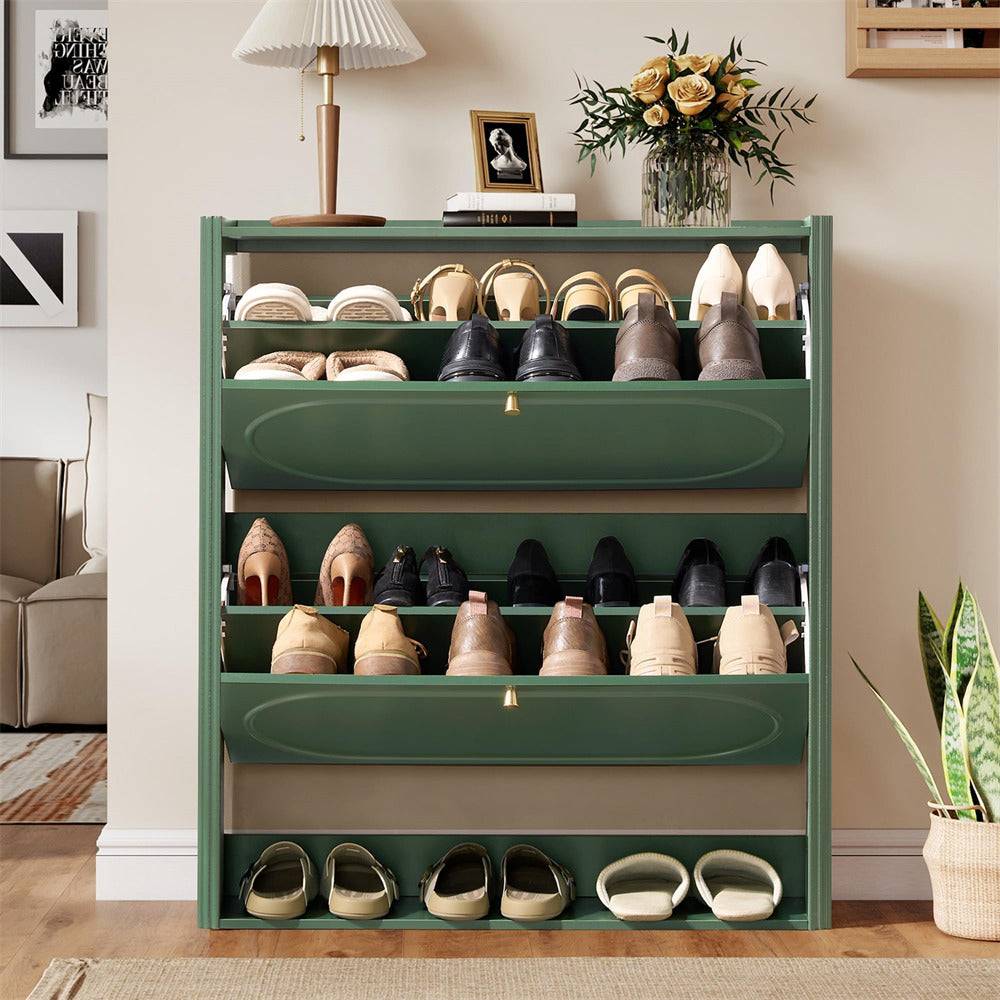 Green shoe cabinet with shoes on shelves in a room setting