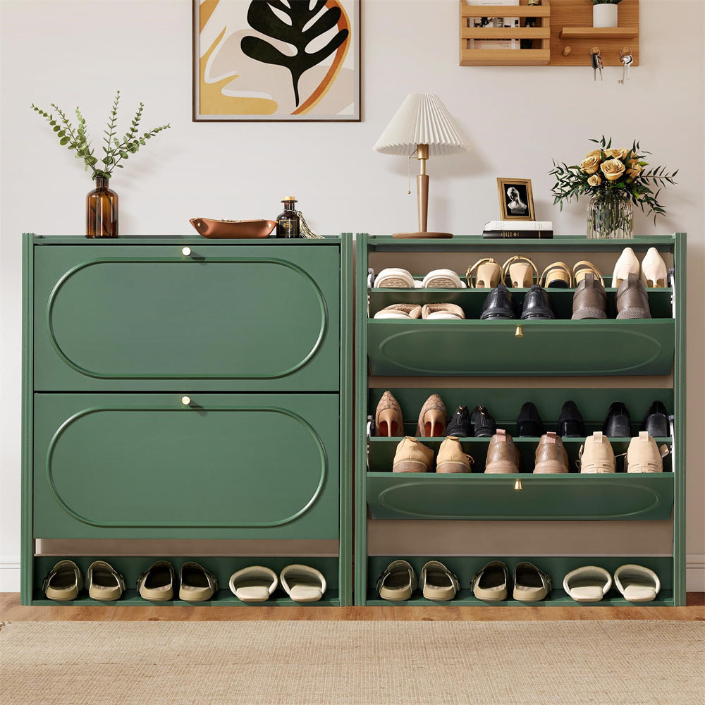 Green shoe cabinet with shoes inside, decorated room in the background