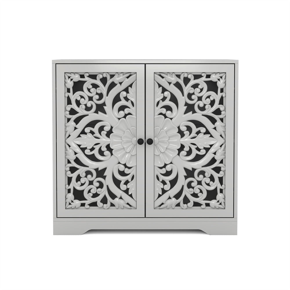 Grey Wooden Carved Sideboard Storage Cabinet with Hollow Carved Pattern and Adjustable Shelves
