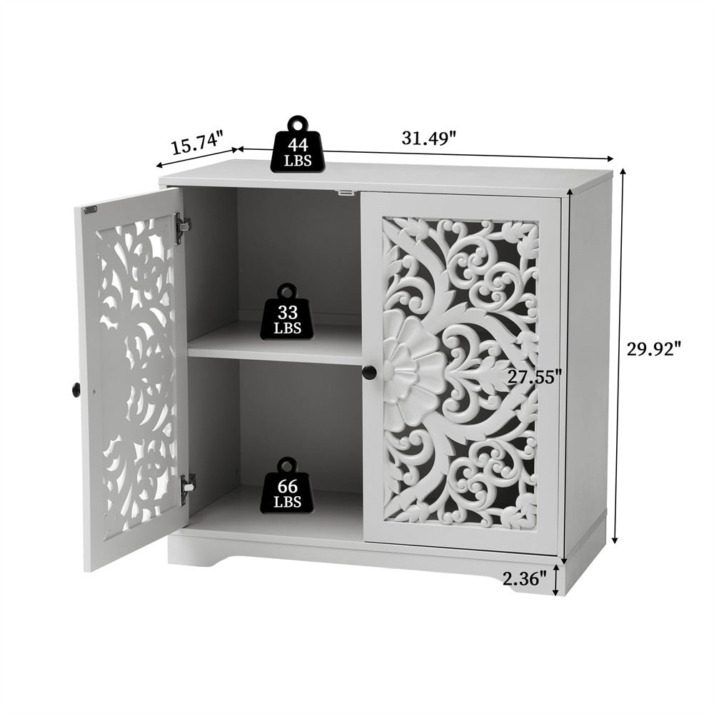 Grey Wooden Carved Sideboard Storage Cabinet with Hollow Carved Pattern and Adjustable Shelves