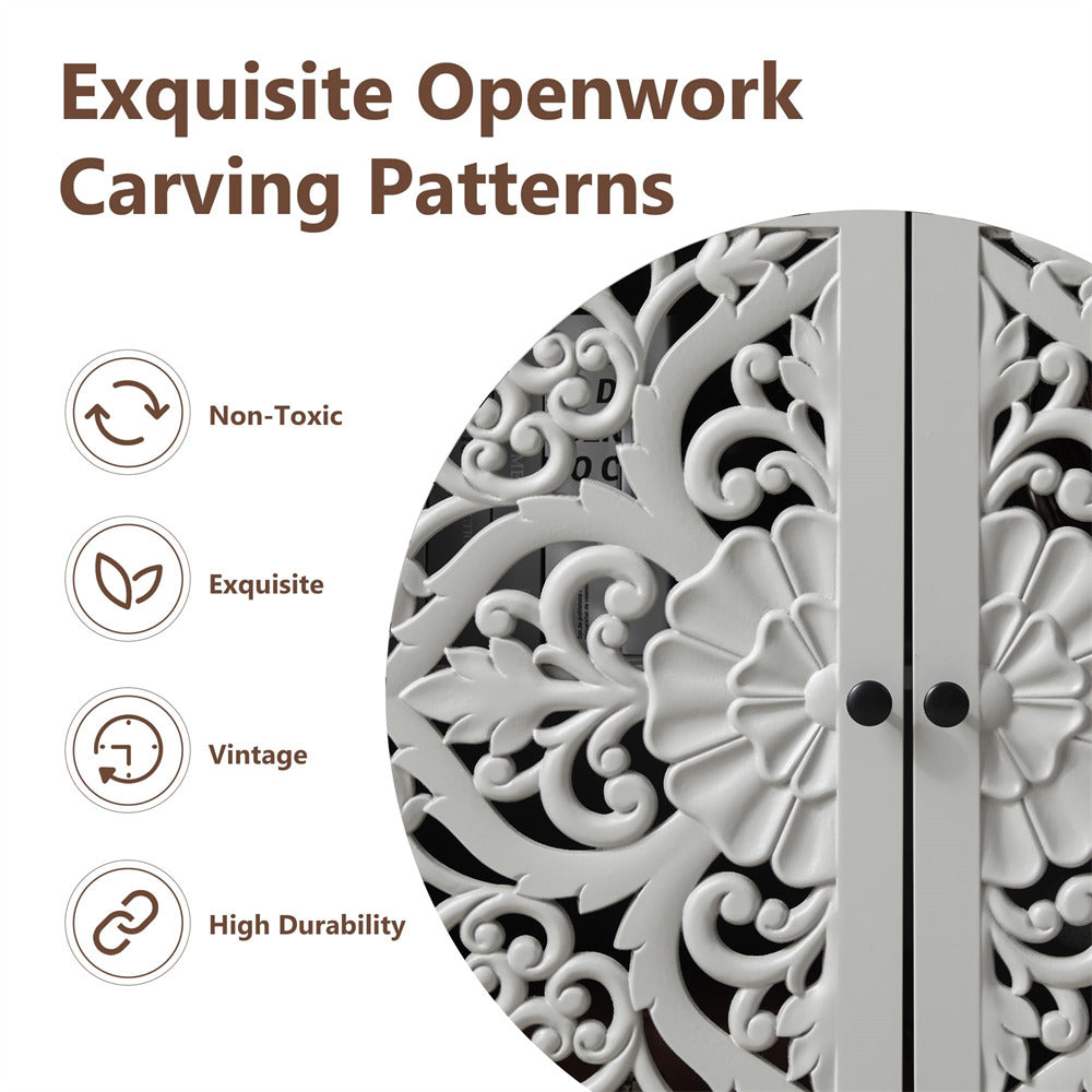 Grey Wooden Carved Sideboard Storage Cabinet with Hollow Carved Pattern and Adjustable Shelves