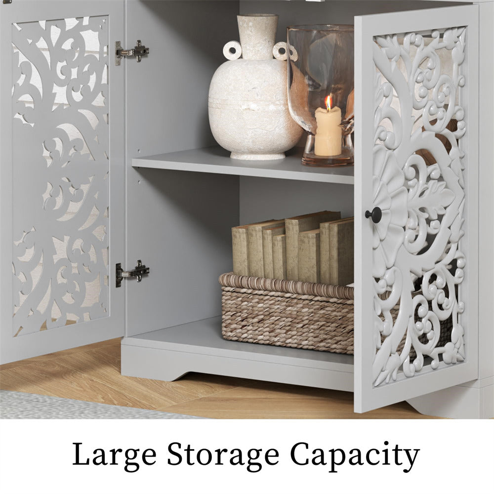 Grey Wooden Carved Sideboard Storage Cabinet with Hollow Carved Pattern and Adjustable Shelves