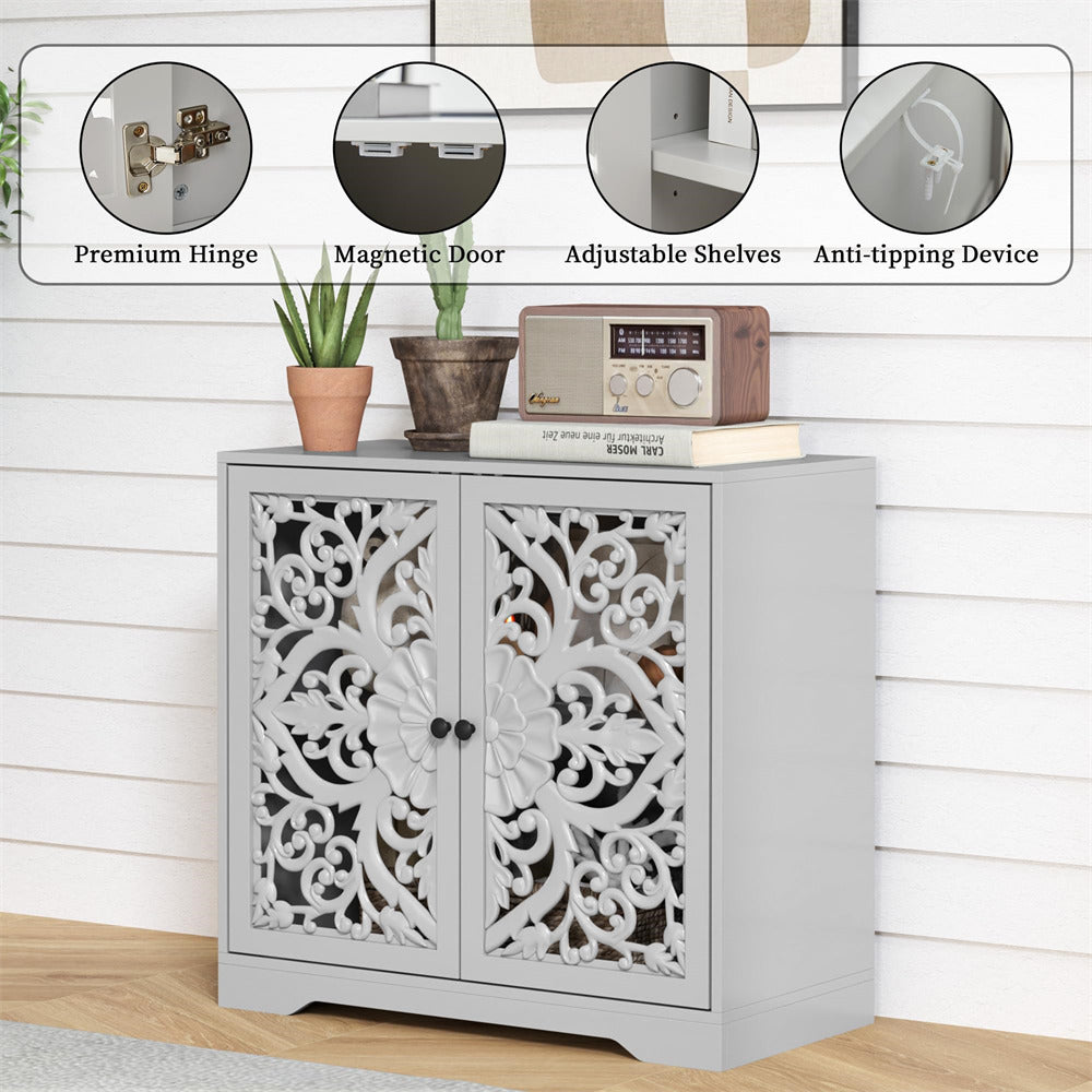 Grey Wooden Carved Sideboard Storage Cabinet with Hollow Carved Pattern and Adjustable Shelves