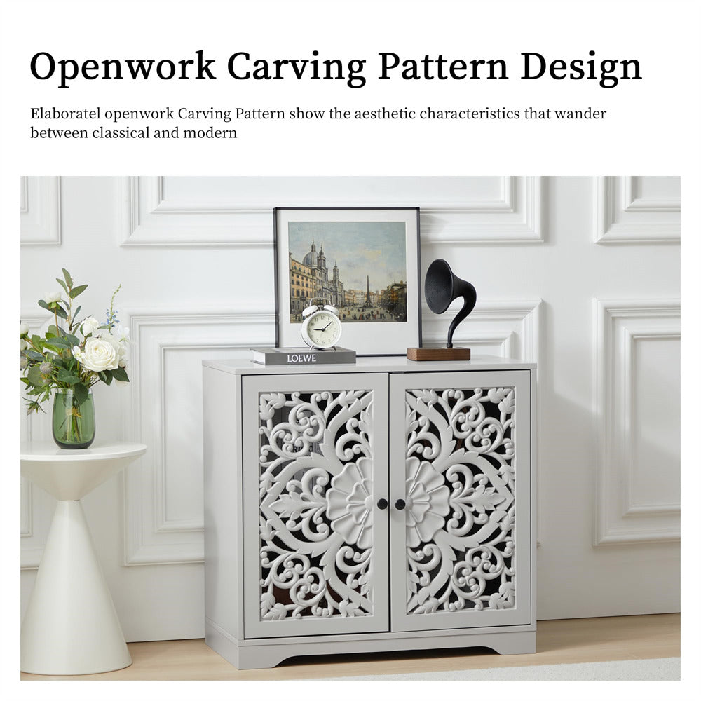 Grey Wooden Carved Sideboard Storage Cabinet with Hollow Carved Pattern and Adjustable Shelves