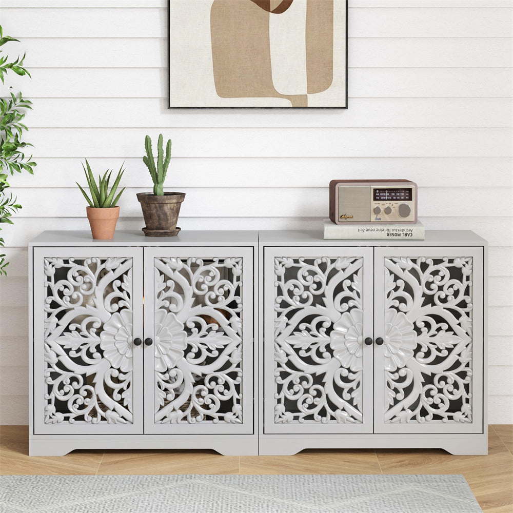 Grey Wooden Carved Sideboard Storage Cabinet with Hollow Carved Pattern and Adjustable Shelves