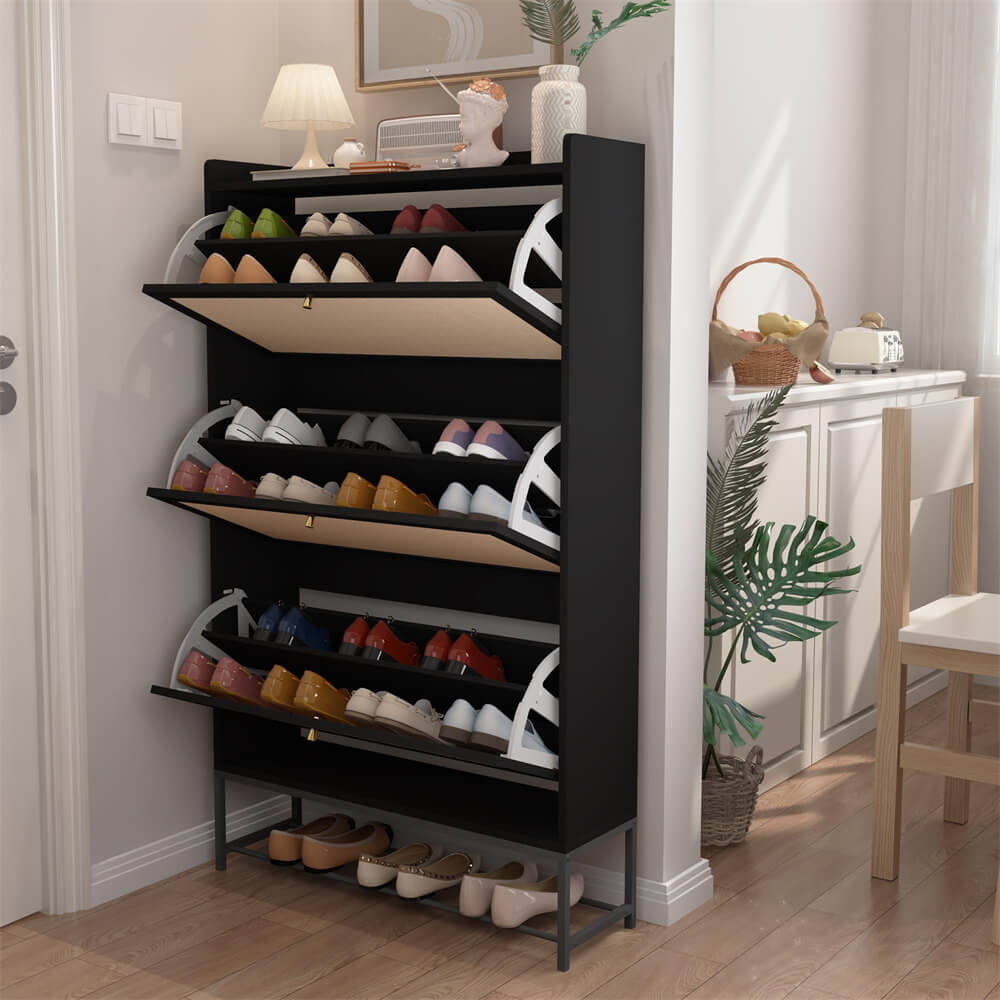 Modern Entryway Wooden Shoe Cabinet Freestanding Tipping Bucket Shoe Rack Black with 3 Flip Drawers