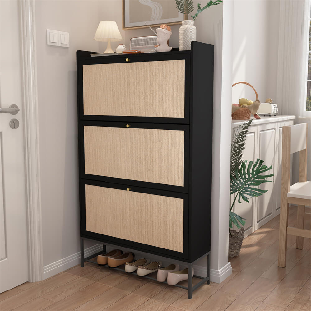 Modern Entryway Wooden Shoe Cabinet Freestanding Tipping Bucket Shoe Rack Black with 3 Flip Drawers