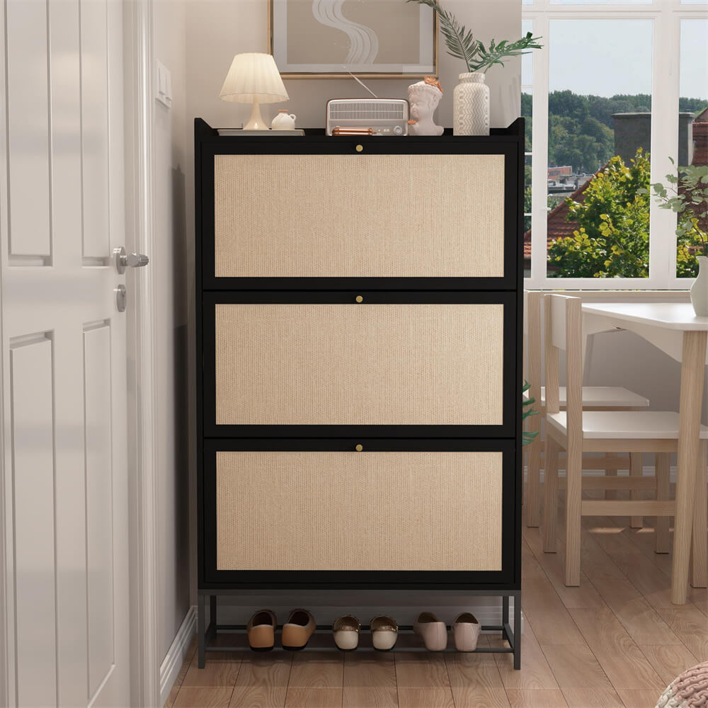 Modern Entryway Wooden Shoe Cabinet Freestanding Tipping Bucket Shoe Rack Black with 3 Flip Drawers
