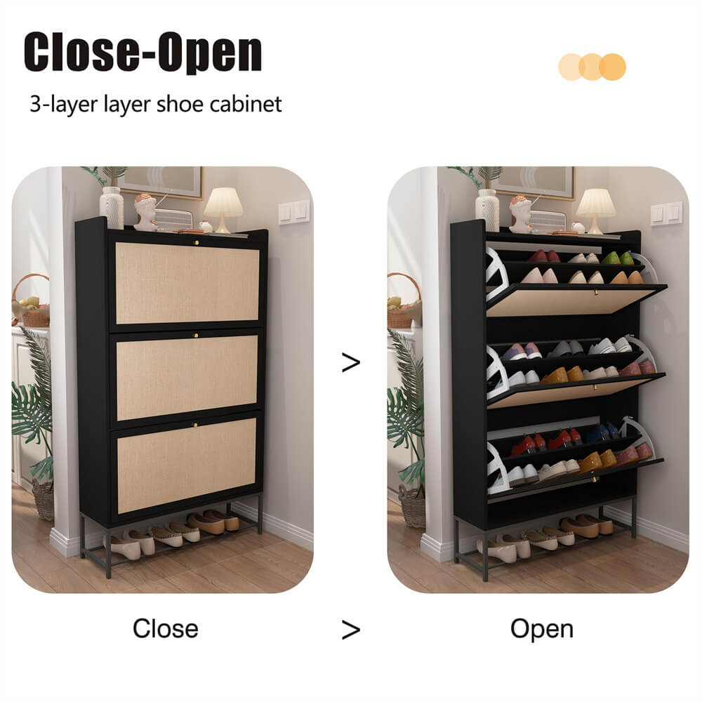 Modern Entryway Wooden Shoe Cabinet Freestanding Tipping Bucket Shoe Rack Black with 3 Flip Drawers