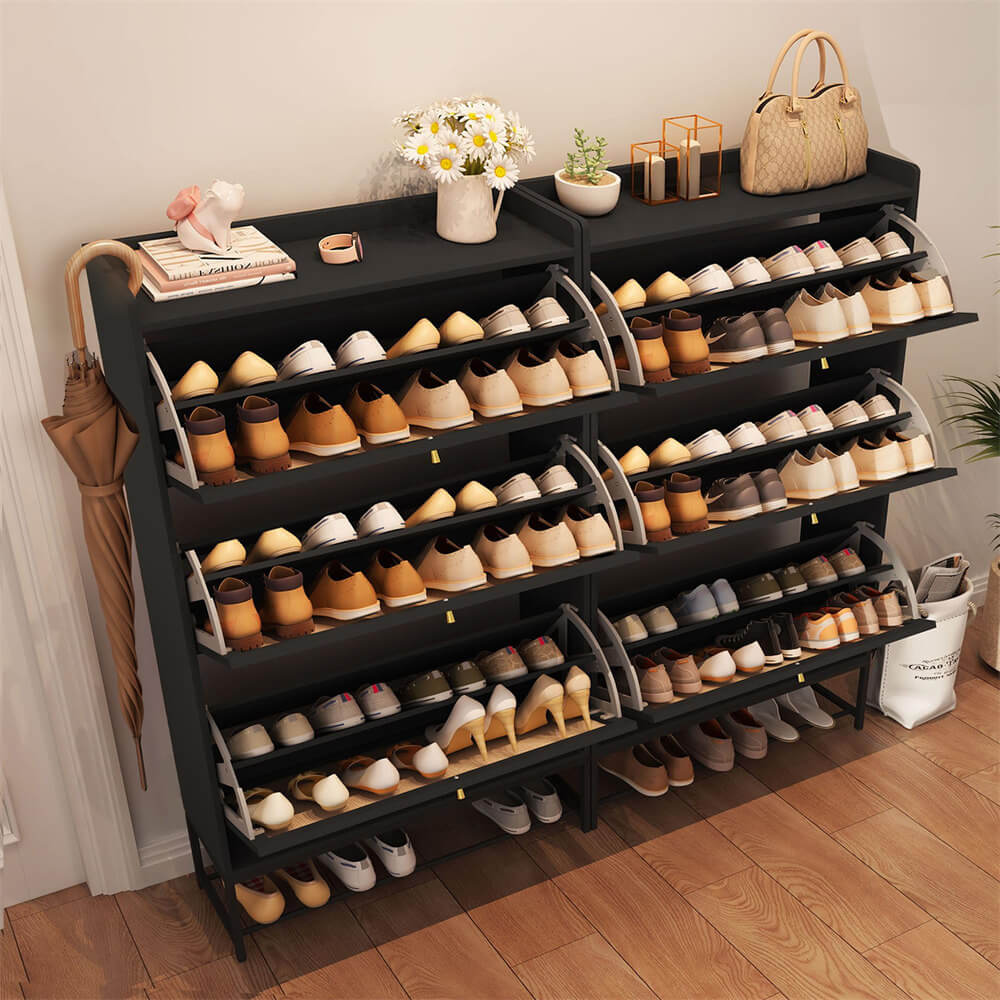 Modern Entryway Wooden Shoe Cabinet Freestanding Tipping Bucket Shoe Rack Black with 3 Flip Drawers