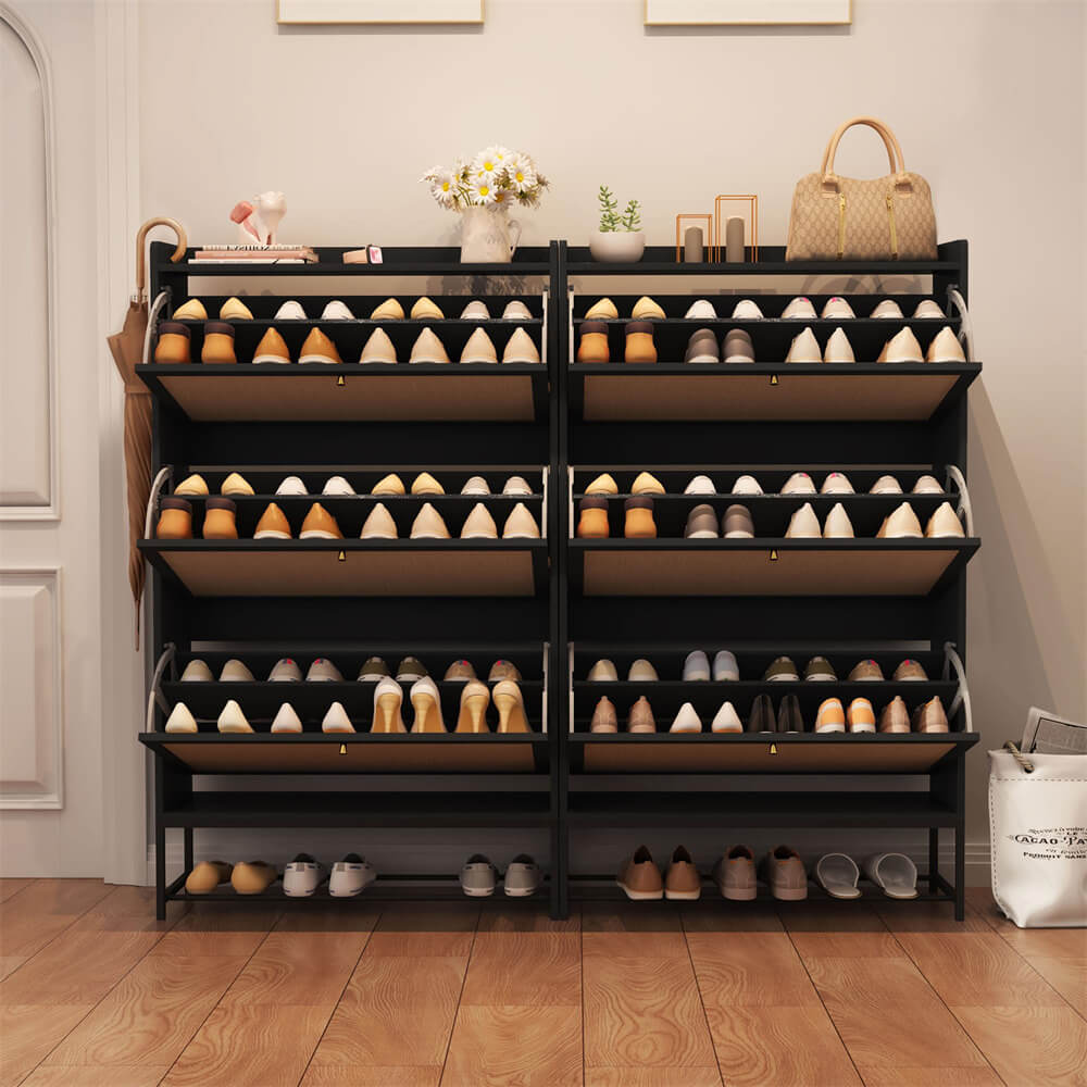 Modern Entryway Wooden Shoe Cabinet Freestanding Tipping Bucket Shoe Rack Black with 3 Flip Drawers