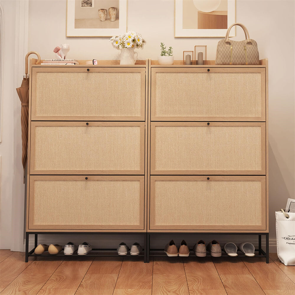 Modern Entryway Wooden Shoe Cabinet Freestanding Tipping Bucket Shoe Rack Natural with 3 Flip Drawers