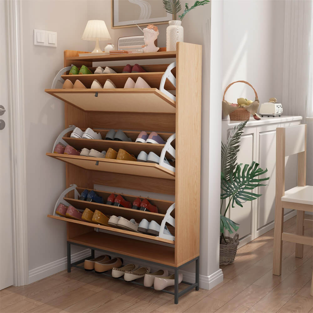 Modern Entryway Wooden Shoe Cabinet Freestanding Tipping Bucket Shoe Rack Natural with 3 Flip Drawers
