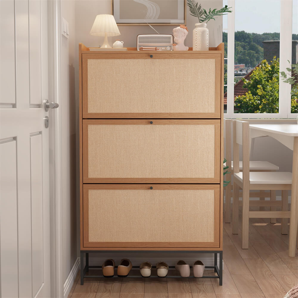 Modern Entryway Wooden Shoe Cabinet Freestanding Tipping Bucket Shoe Rack Natural with 3 Flip Drawers