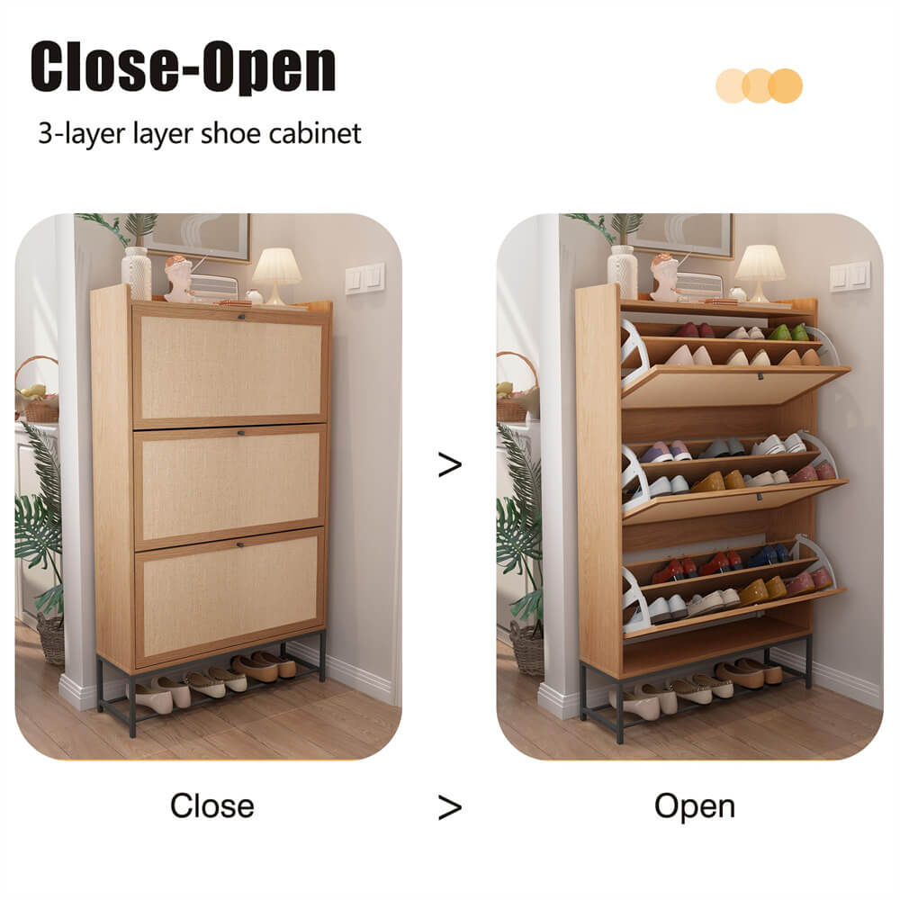 Modern Entryway Wooden Shoe Cabinet Freestanding Tipping Bucket Shoe Rack Natural with 3 Flip Drawers