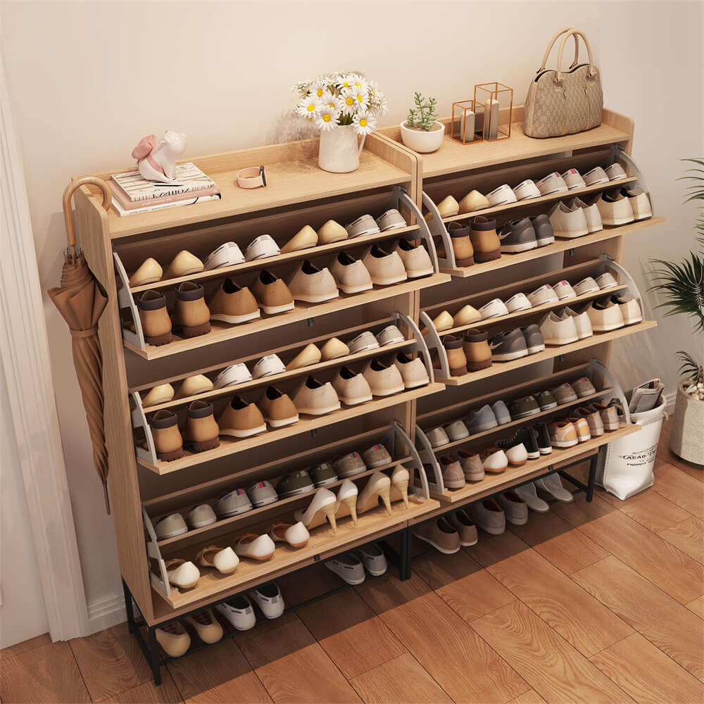 Modern Entryway Wooden Shoe Cabinet Freestanding Tipping Bucket Shoe Rack Natural with 3 Flip Drawers