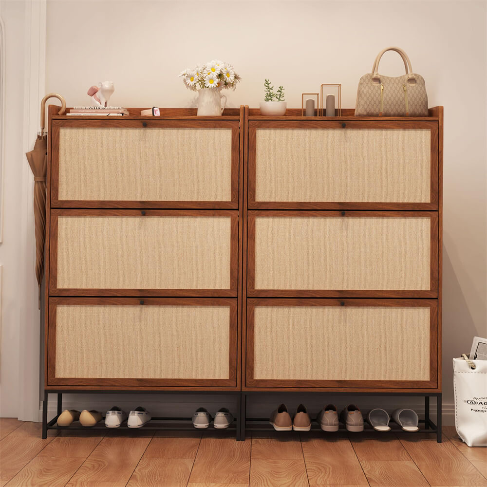 Modern Entryway Wooden Shoe Cabinet Freestanding Tipping Bucket Shoe Rack Walnut with 3 Flip Drawers