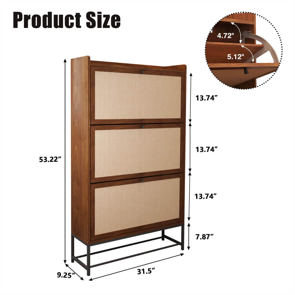 Modern Entryway Wooden Shoe Cabinet Freestanding Tipping Bucket Shoe Rack Walnut with 3 Flip Drawers Size