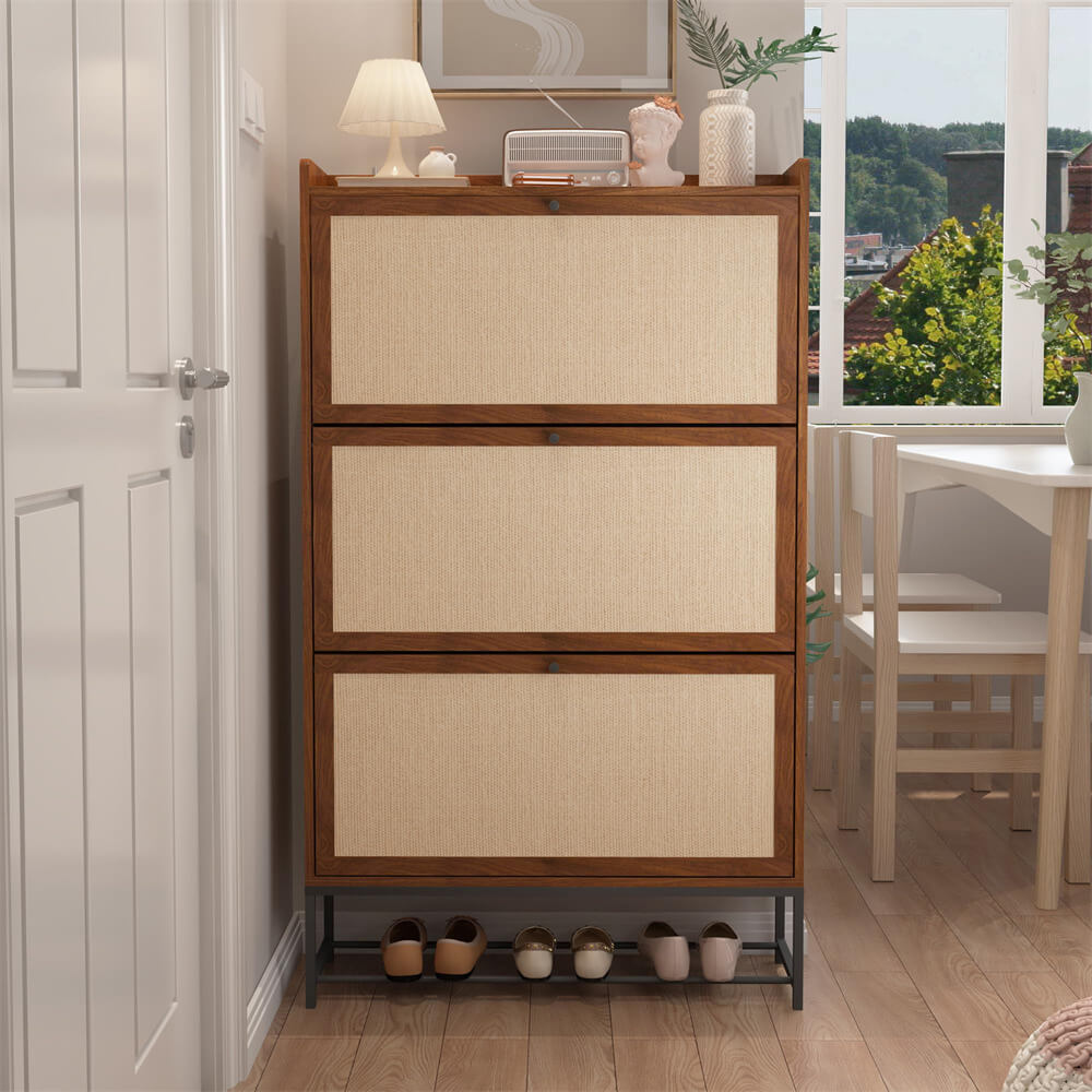 Modern Entryway Wooden Shoe Cabinet Freestanding Tipping Bucket Shoe Rack Walnut with 3 Flip Drawers