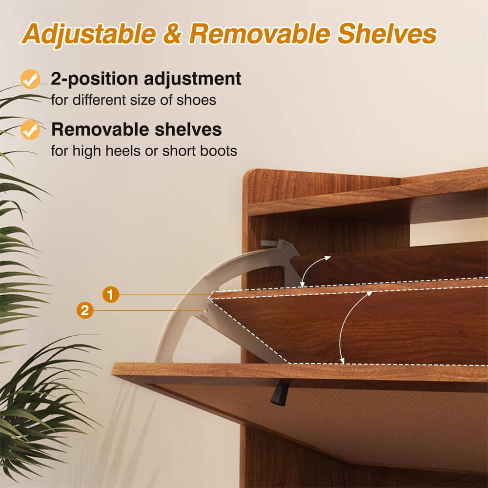 Modern Entryway Wooden Shoe Cabinet Freestanding Tipping Bucket Shoe Rack Walnut with 3 Flip Drawers