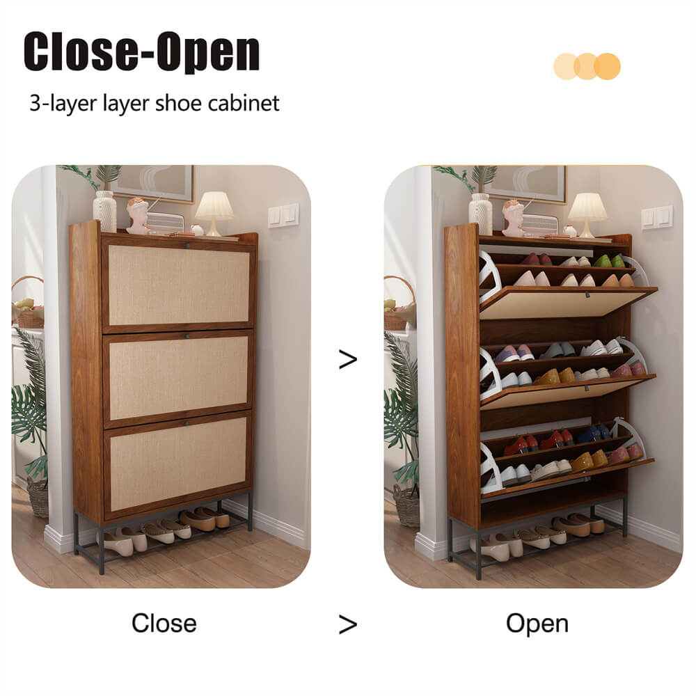 Modern Entryway Wooden Shoe Cabinet Freestanding Tipping Bucket Shoe Rack Walnut with 3 Flip Drawers